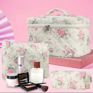 3 pretty cosmetic bags, NEW, cream with pink floral pattern